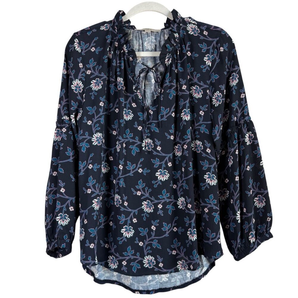 Loft Navy Floral Vine Ruffle Tie Mixed Media Peasant Womens Blouse Size S Office